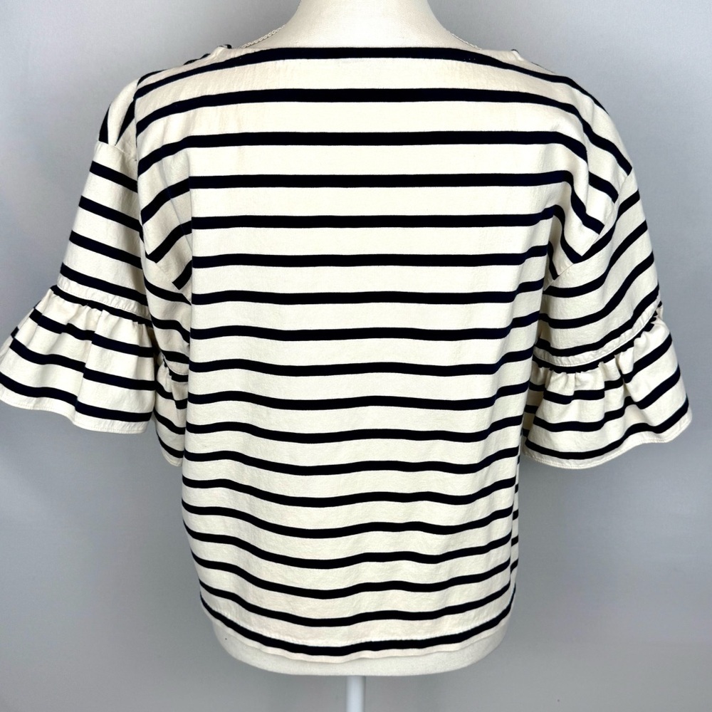 J. Crew Ruffle Sleeves Top Black Cream Stripes Short Sleeves Cotton Large French - Picture 7 of 10